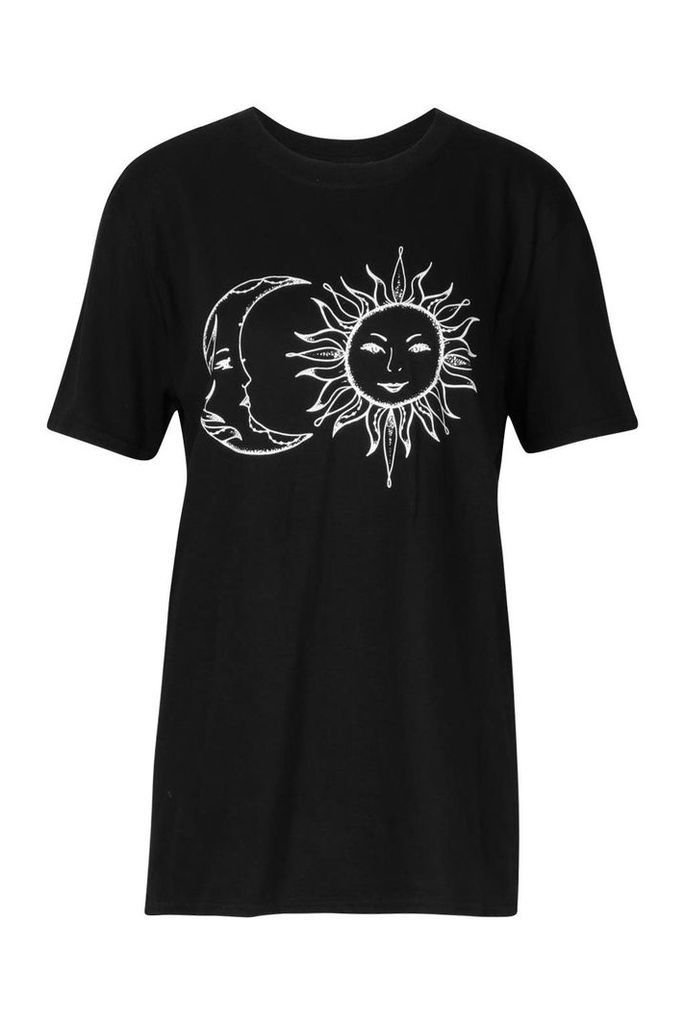 Womens Sun and Moon Printed T-Shirt - black - M, Black