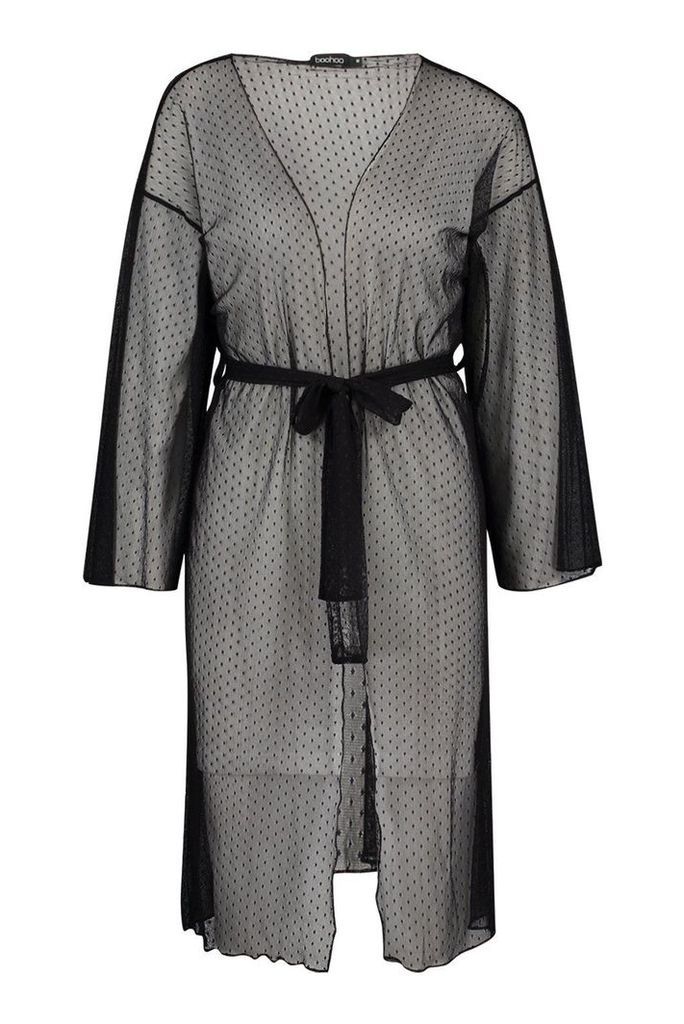 Womens Dobby Mesh Midi Kimono - black - M, Black