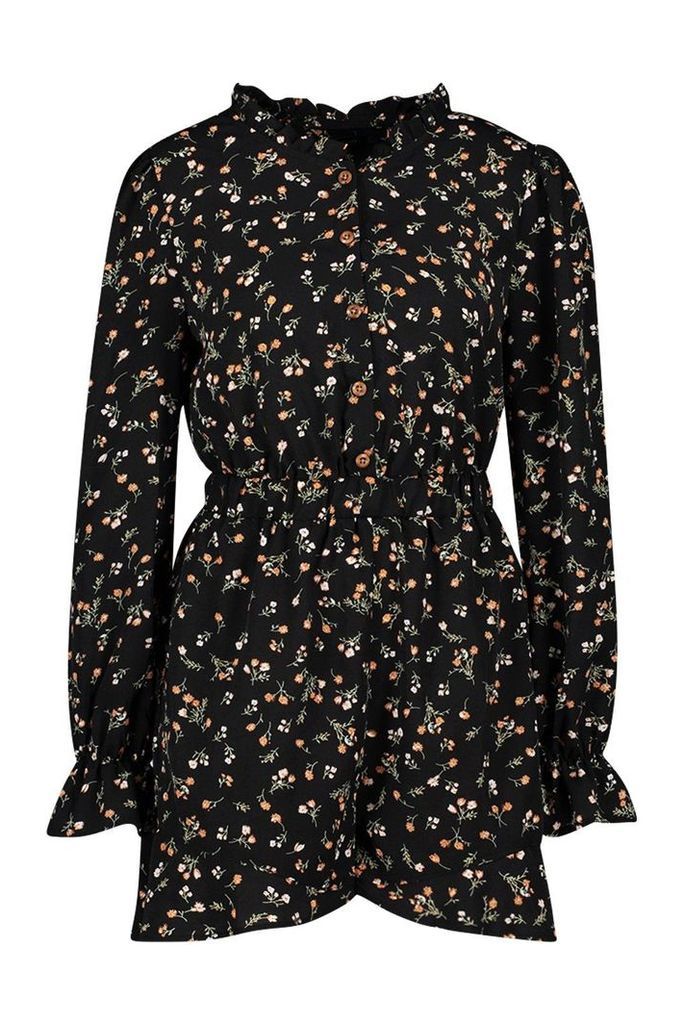 Womens Ditsy Floral Ruffle Playsuit - Black - 10, Black