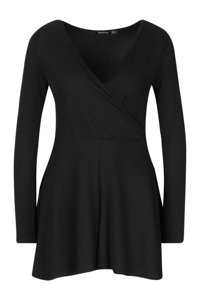 Womens Wrap Front Long Sleeve Ribbed Playsuit - black - 8, Black