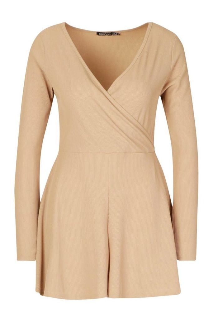 Womens Wrap Front Long Sleeve Ribbed Playsuit - Beige - 16, Beige