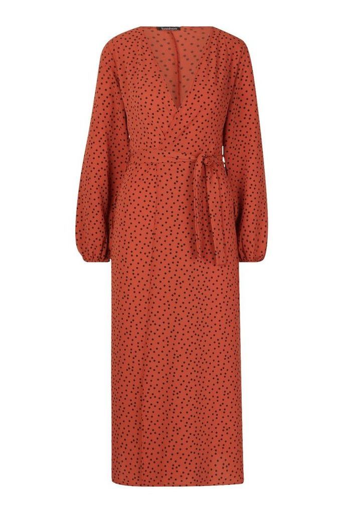 Womens Polka Dot Maxi Woven Belted Kimono - orange - S, Orange