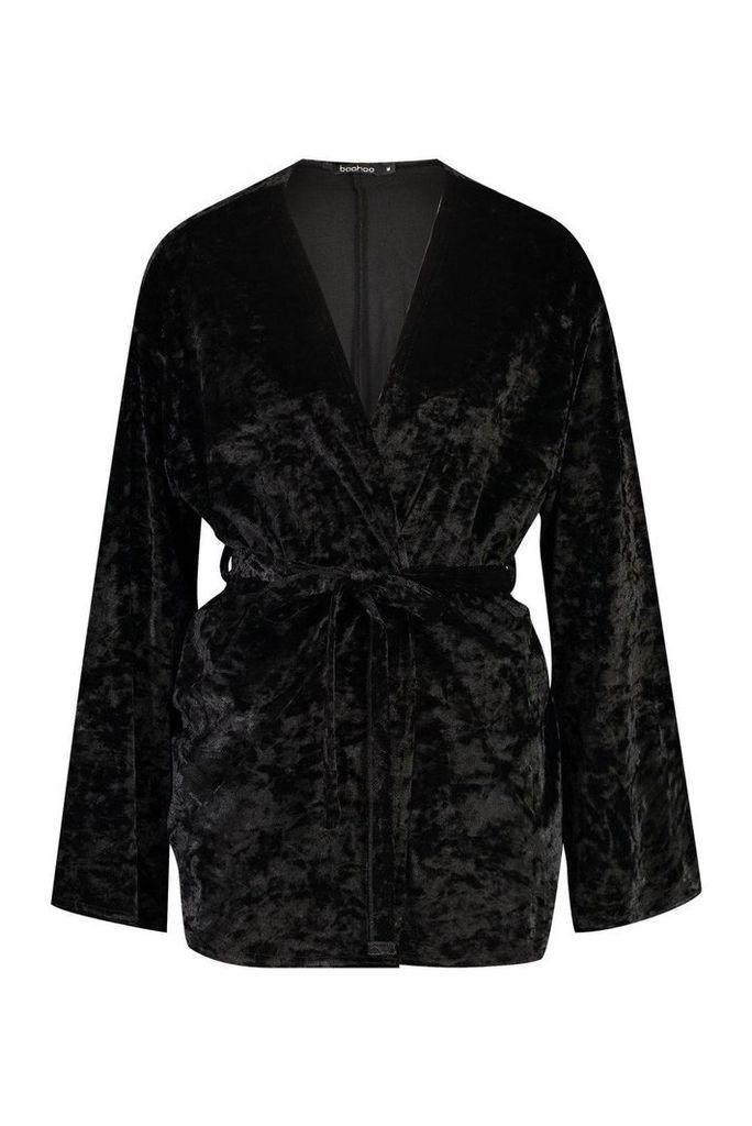 Womens Velvet Belted Kimono - black - S, Black