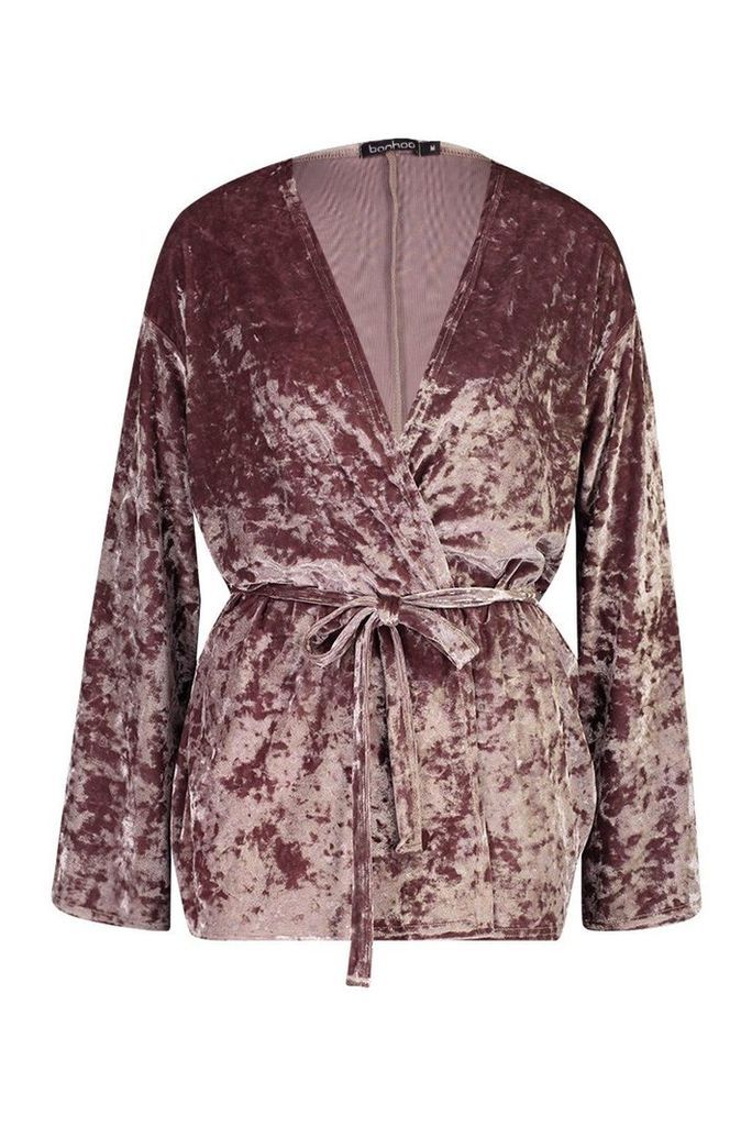 Womens Velvet Belted Kimono - beige - L, Beige