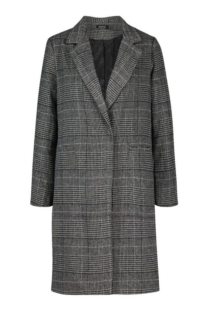 Womens Check Collared Wool Look Coat - grey - 8, Grey