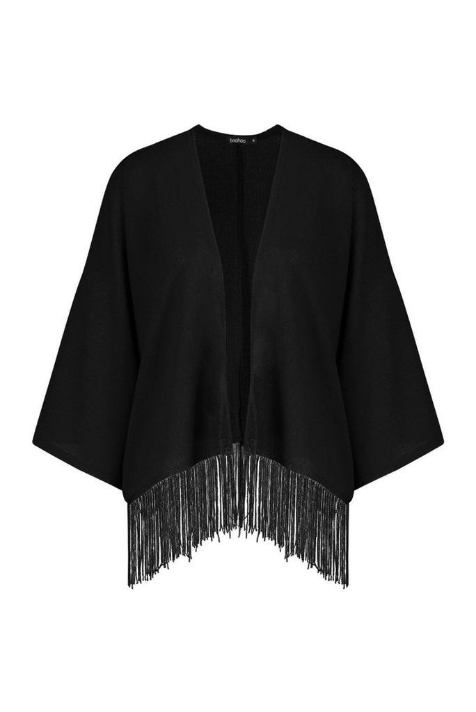 Womens Tassel Trim Crop Kimono - black - S, Black