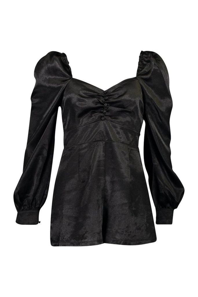 Womens Blouson Sleeve Satin Playsuit - black - 12, Black