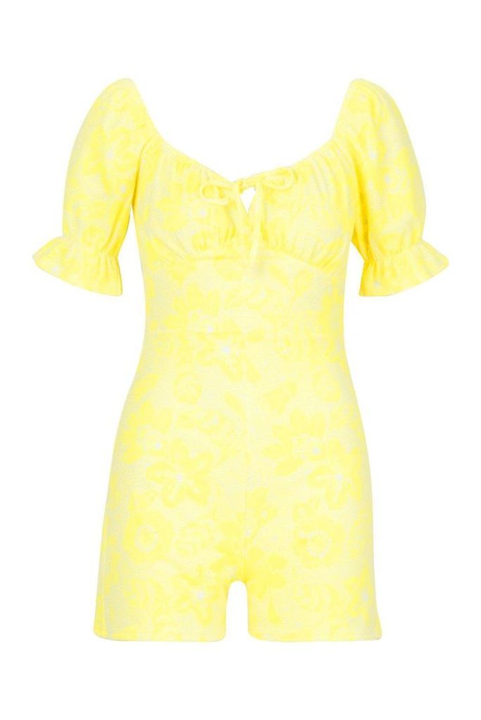 Womens Rouched Sleeve Floral Bust Detail Playsuit - yellow - 14, Yellow