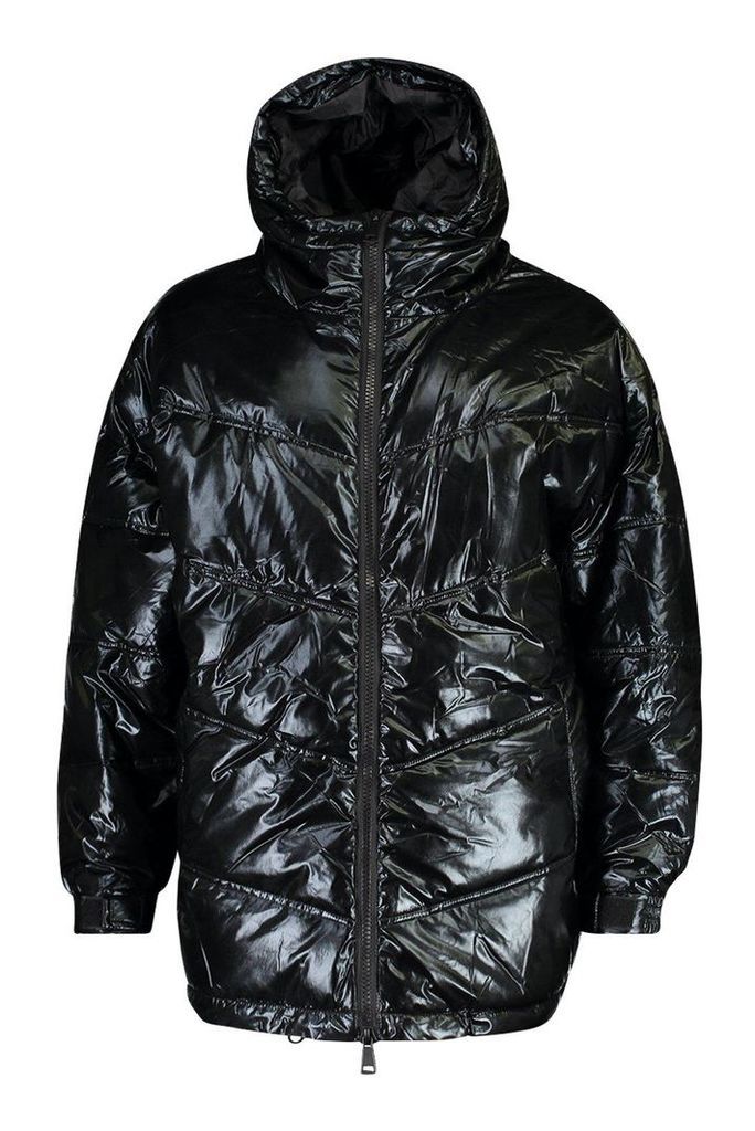 Womens Strap Detail High Shine Puffer Jacket - black - 12, Black