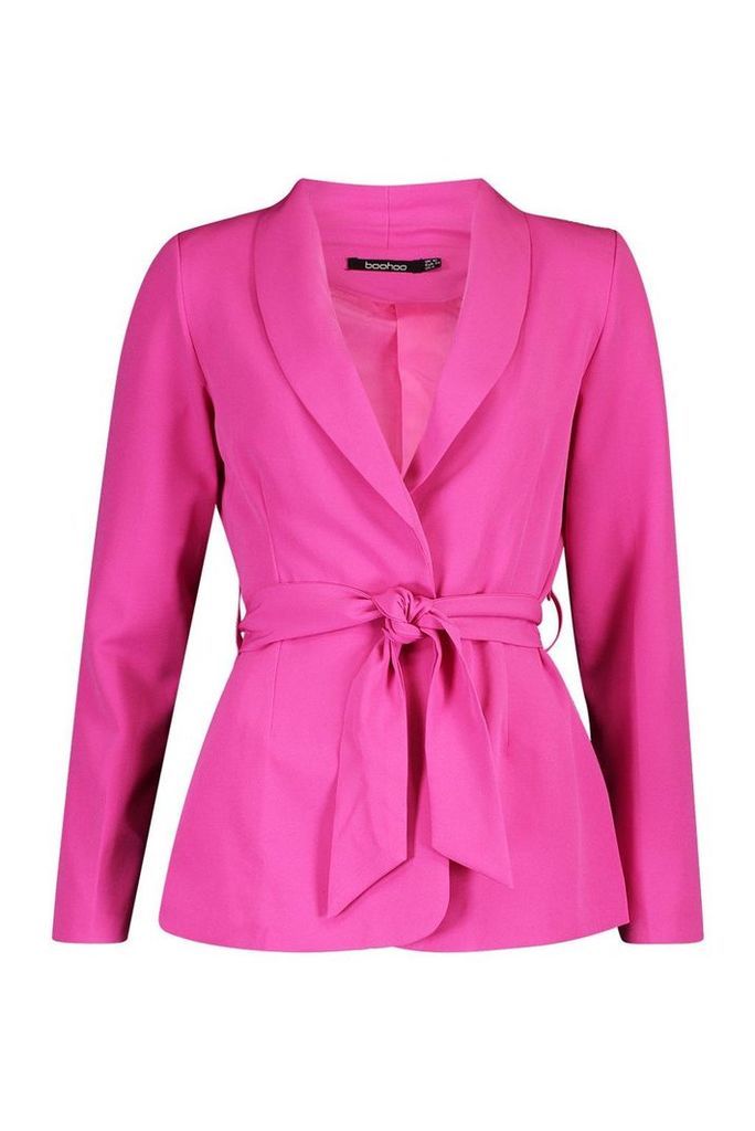 Womens Single Breasted Belted Blazer - pink - 12, Pink
