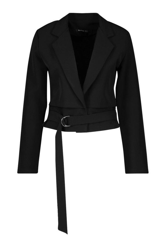 Womens Cropped Utility Belted Blazer - black - 14, Black