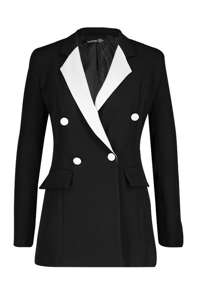 Womens Contrast Collar Double Breasted Blazer - black - 8, Black