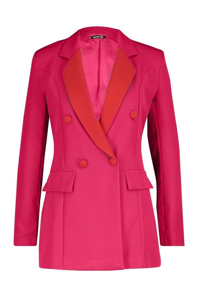 Womens Contrast Collar Double Breasted Blazer - Pink - 12, Pink