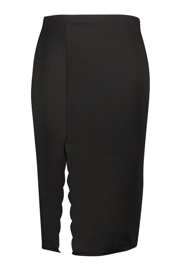 Womens Plus Scuba Scallop Split Midi Skirt - black - 20, Black