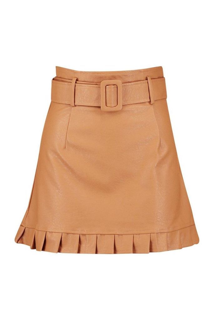 Womens Belted Pu Frill Hem Leather Look Mini Skirt - Beige - 12, Beige