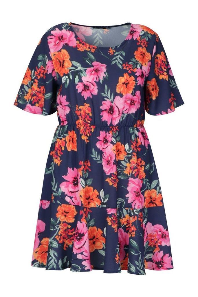 Womens Plus Tiered Woven Floral Smock Dress - navy - 20, Navy