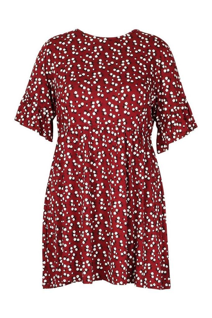 Womens Plus Ditsy Floral Smock Dress - red - 16, Red