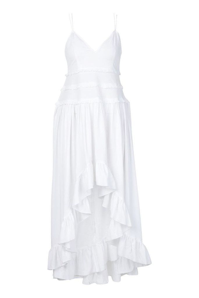 Womens Petite Tiered Ruffle Dip Back Maxi Dress - white - 10, White