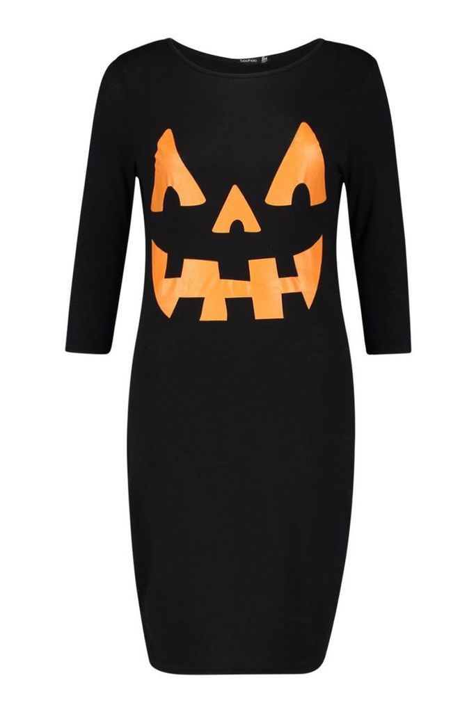 Womens Pumpkin Print Halloween Bodycon Dress - Black - 6, Black
