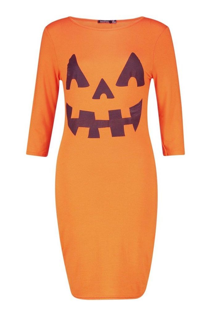 Womens Pumpkin Print Halloween Bodycon Dress - orange - 14, Orange