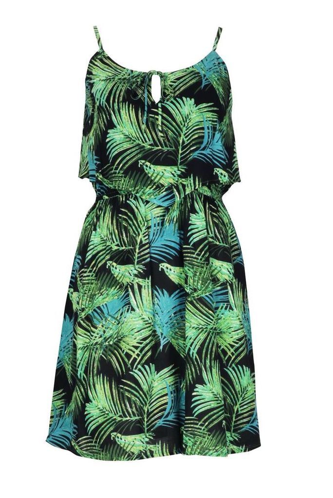 Womens Woven Palm Print Strappy Sundress - green - XS, Green