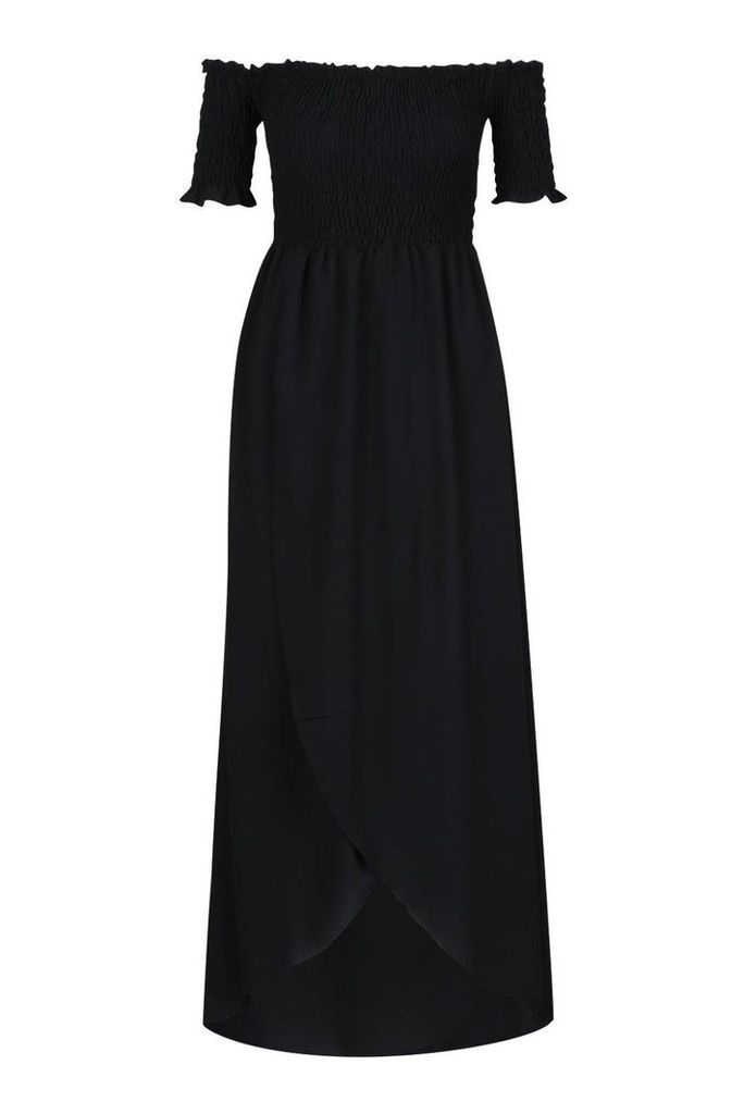 Womens Off The Shoulder Shirred Maxi Dress - Black - 14, Black
