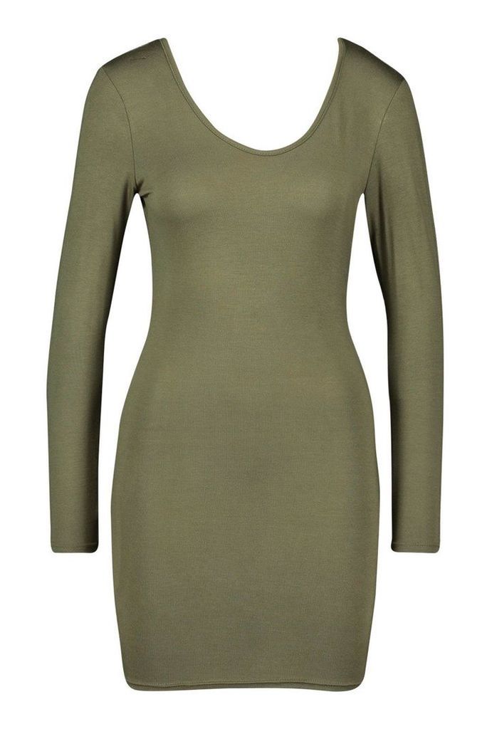 Womens Petite Basic Long Sleeve Scoop Back Dress - green - 14, Green