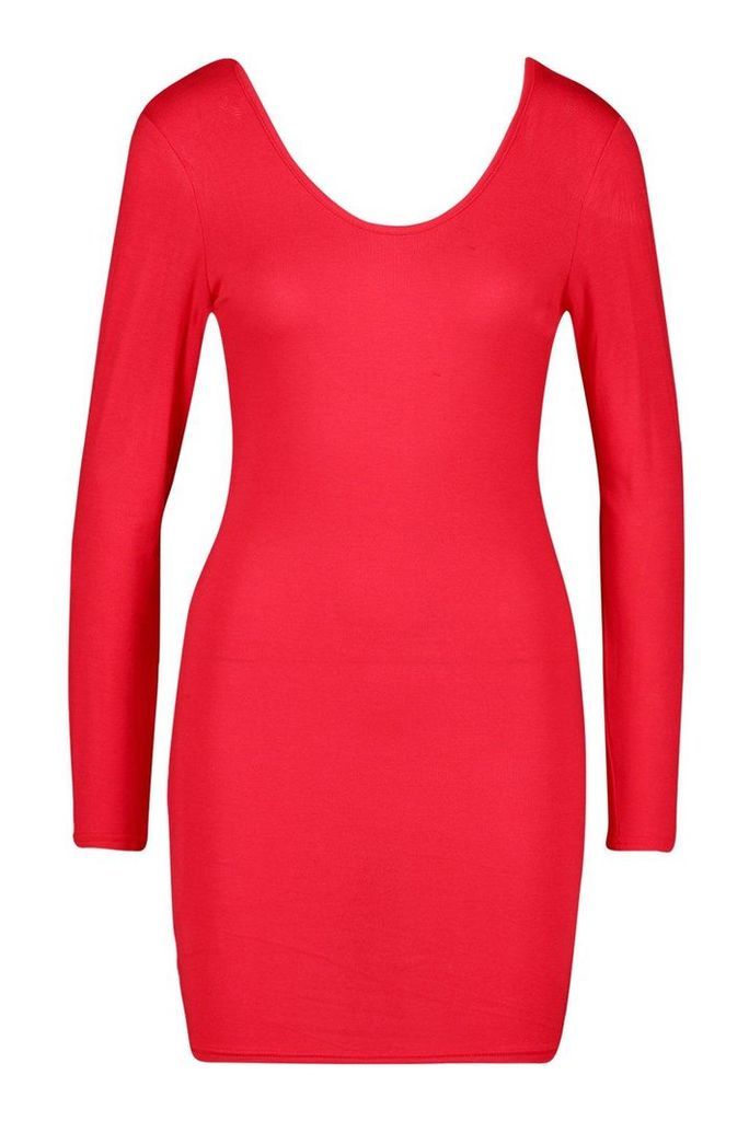 Womens Petite Basic Long Sleeve Scoop Back Dress - red - 8, Red