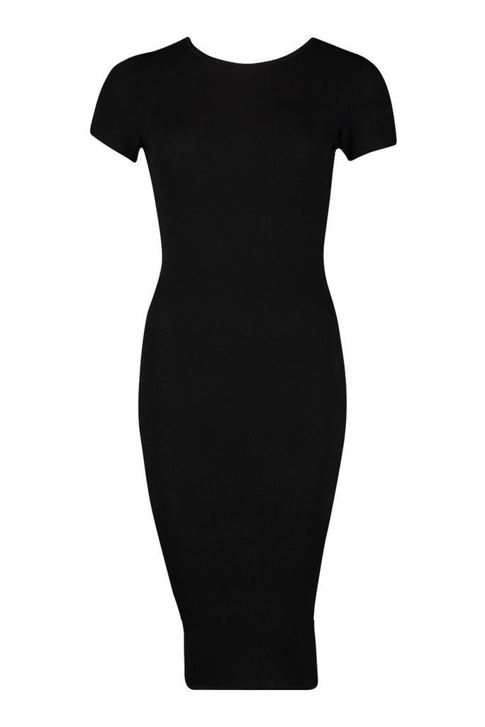 Womens Petite Basic Cap Sleeve Midi Dress - Black - 16, Black