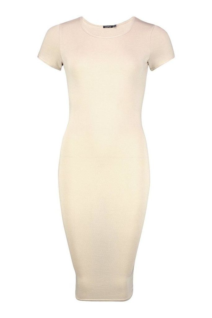 Womens Petite Basic Cap Sleeve Midi Dress - Beige - 10, Beige