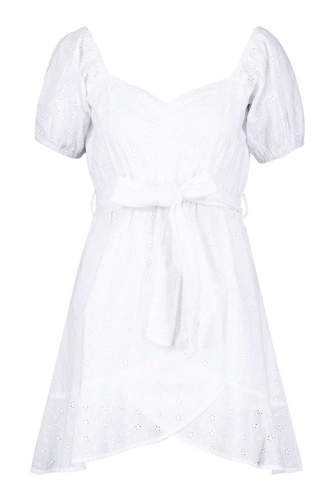 Womens Petite Broderie Anglaise Ruffle Mini Dress - white - 12, White
