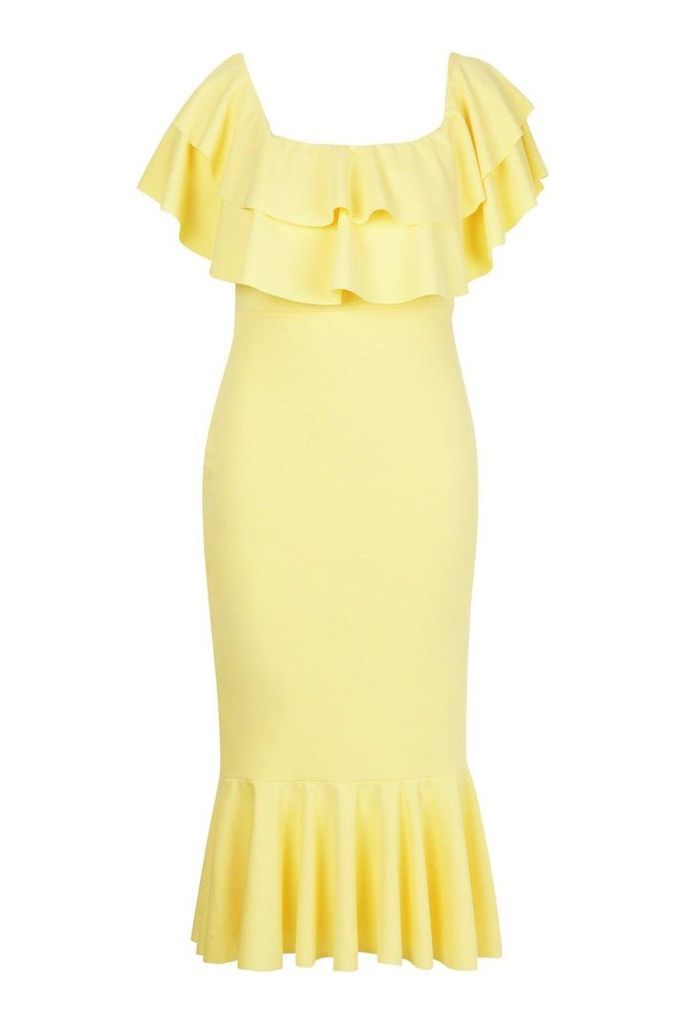 Womens Plus Bardot Ruffle Fishtail Midi Dress - yellow - 20, Yellow