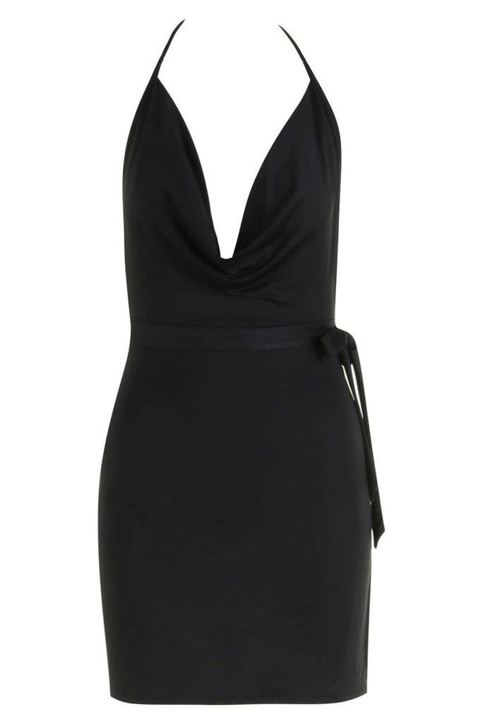 Womens Petite Cowl Neck Tie Waist Mini Dress - black - 8, Black