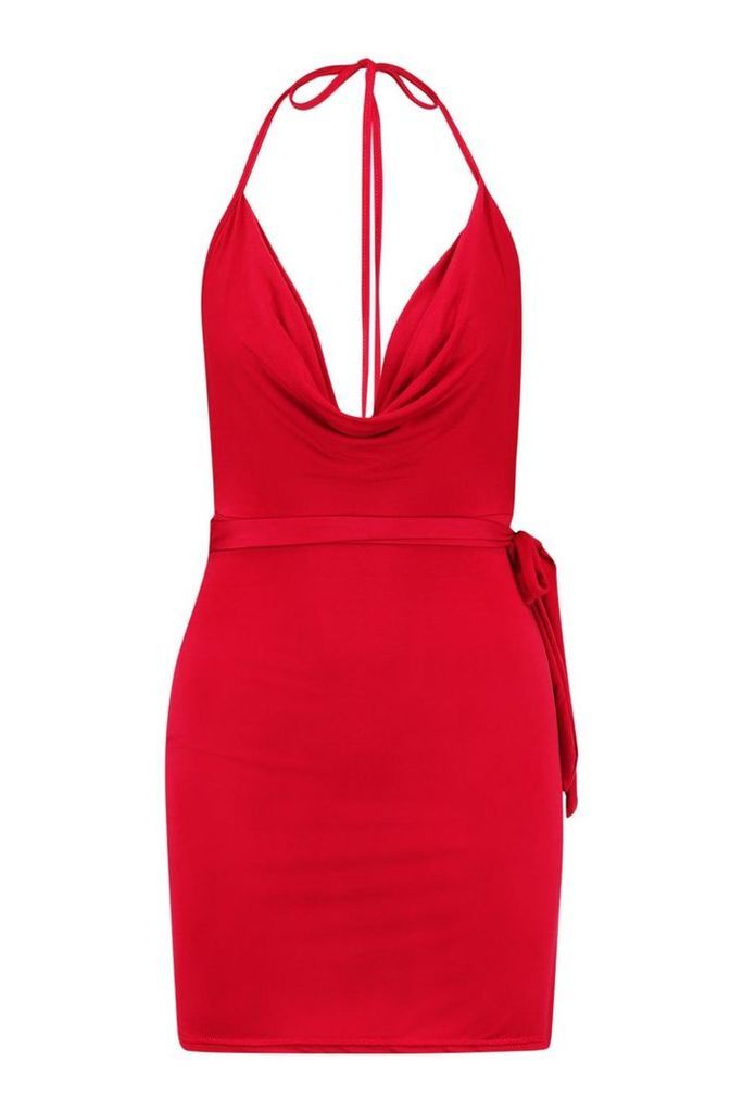 Womens Petite Cowl Neck Tie Waist Mini Dress - red - 14, Red