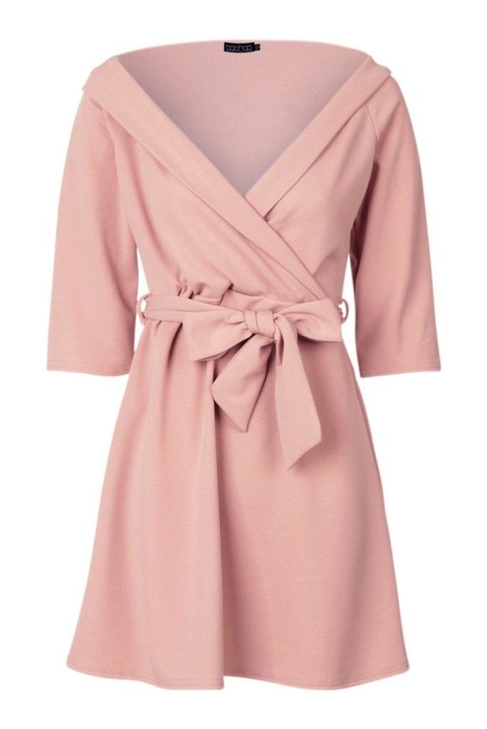 Womens Tie Waist Slight Off Shoulder Shirt Dress - pink - 10, Pink