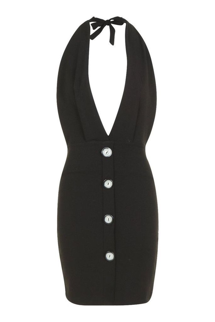 Womens Horn Button Halter Mini Dress - black - 14, Black