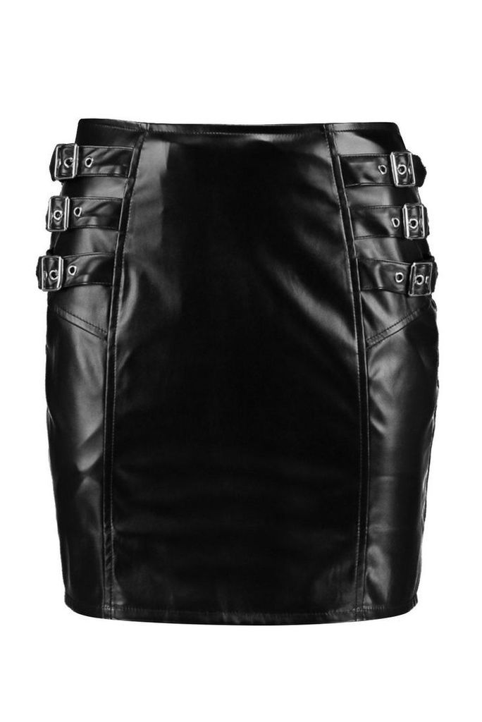 Womens Buckle Side Leather Look Mini Skirt - black - 14, Black