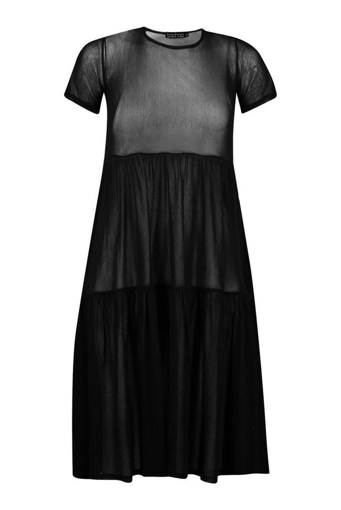 Womens Mesh Oversized Smock Midi Dress - black - 8, Black
