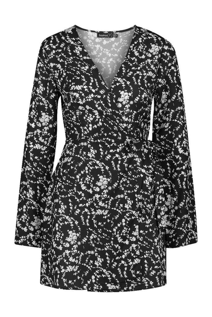 Womens Petite Long Sleeve Woven Floral Print Wrap Dress - black - 6, Black