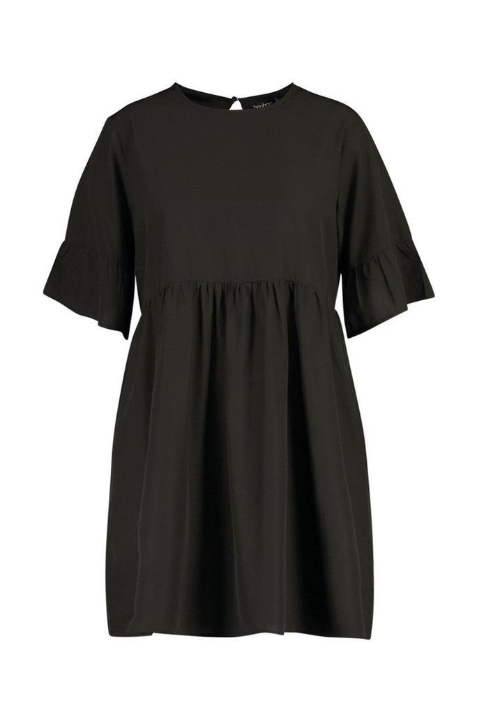 Womens Plus Woven Frill Sleeve Smock Dress - black - 22, Black