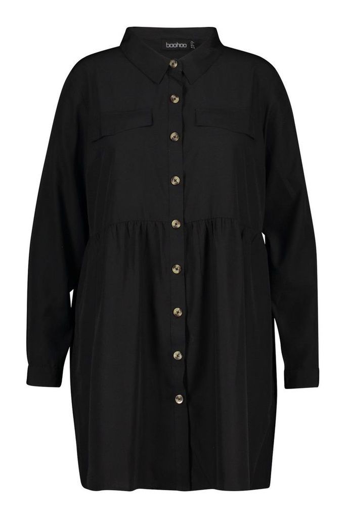 Womens Plus Button Through Smock Shirt Dress - Black - 24, Black