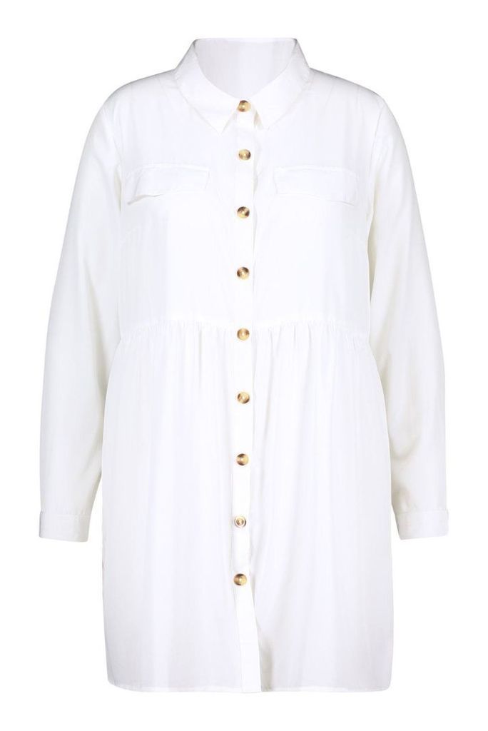Womens Plus Button Through Smock Shirt Dress - White - 20, White