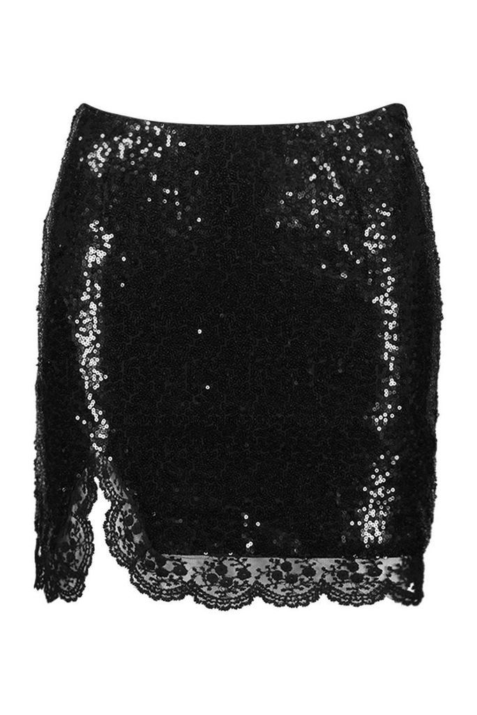 Womens Petite Sequin Lace Split Mini Skirt - black - 12, Black