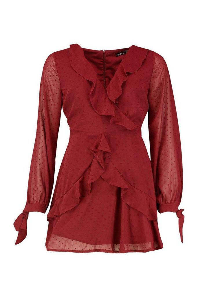 Womens Petite Long Sleeve Dobby Mesh Ruffle Dress - red - 6, Red
