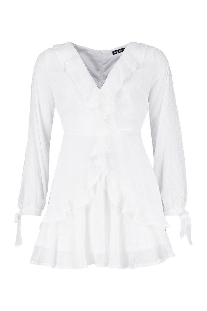 Womens Petite Long Sleeve Dobby Mesh Ruffle Dress - white - 8, White