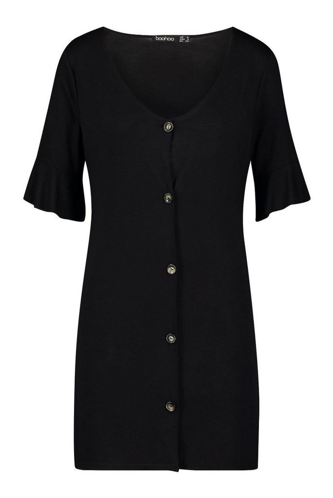 Womens Petite Button Down V-Neck Smock Dress - black - 8, Black