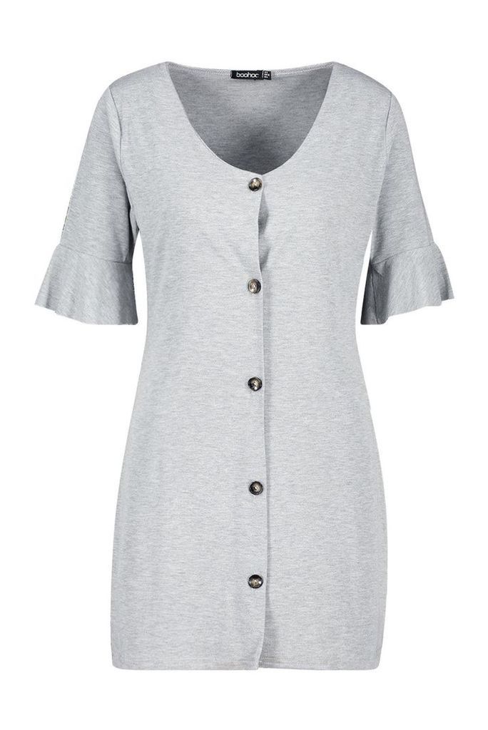 Womens Petite Button Down V-Neck Smock Dress - grey - 8, Grey