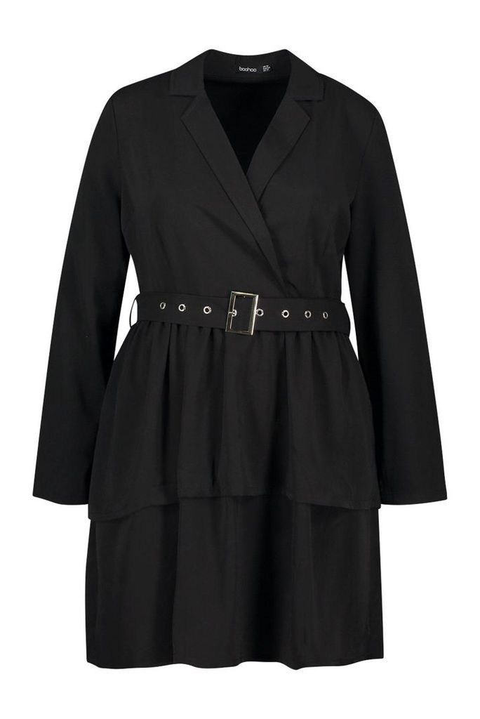 Womens Plus Ruffle Self Belt Blazer Dress - black - 20, Black