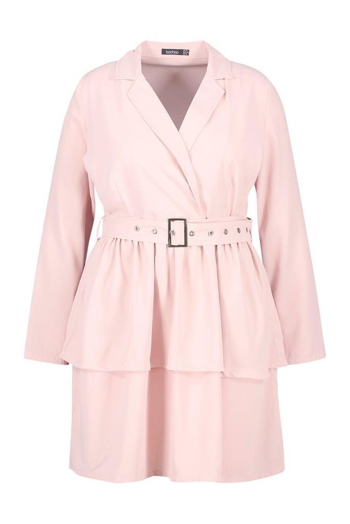 Womens Plus Ruffle Self Belt Blazer Dress - pink - 22, Pink