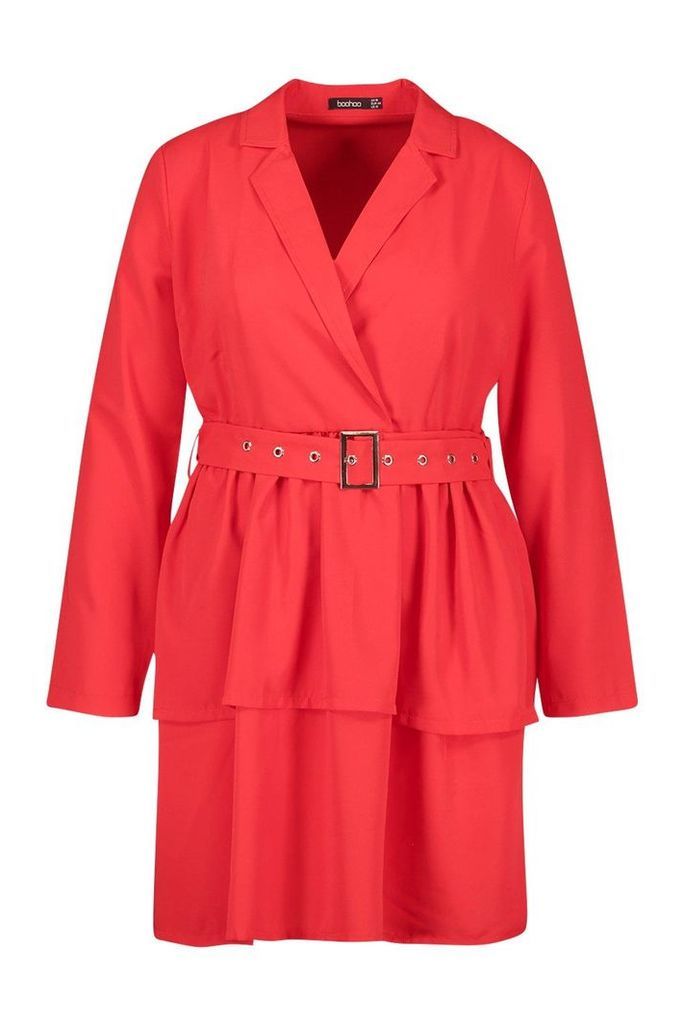 Womens Plus Ruffle Self Belt Blazer Dress - red - 18, Red